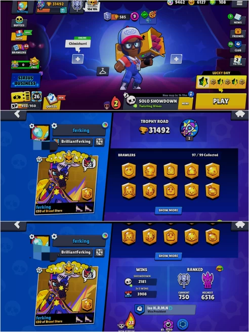 SEXXY BS 31.4k TROPHY, 97/99 UNLOCKED, 34 HYPERCHARGED, 268 OP SKINS [9 MYTHIC+3 LEGENDARY+9 HYPERCHARGED] , 631 PINS, 324 ICON,176 SPRAYS