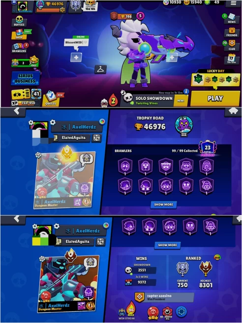 BS 46.9k TROPHY, 99/99 UNLOCKED, 47 HYPERCHARGED, 1 MAXED, 384 OP SKINS [11 MYTHIC+14 LEGENDARY+5 HYPERCHARGED] , 1002 PINS, 439 ICON,218 SPRAYS
