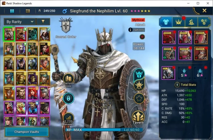 Lv22 452K Power|2 Mythical(Siegfrund,Androc)|15 Legendary (Xenomorph,Ezio,Alice,Wukong,Etc)|42K Energy|Plarium|(RSL1262)