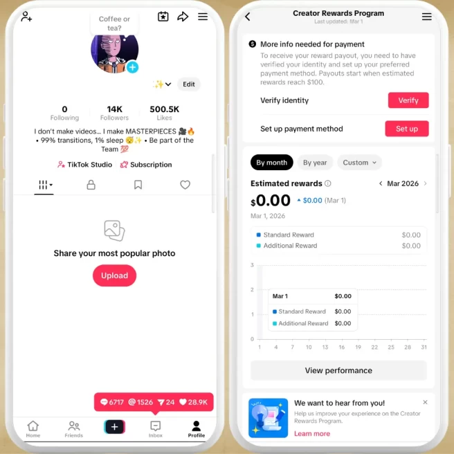 [GERMANY] Fully Monetized Creator Rewards Program Account – 14K Real Followers & 500K Likes | Instant Earnings, Full Access & Good Standing