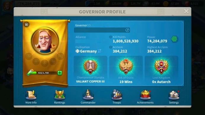 ROK2296: 74M - Vip 16 - 15 Commanders - 21 Pasport - 336 Gold head -9K Gems  - 1 skin house - 11 farm (can migration) 