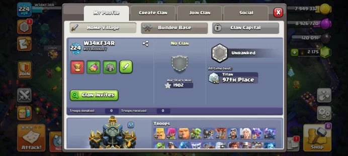 MAX WALLS - FREE NAME - 1902 WAR STARS - LOTS OF MAGIC ITEMS -HERO SKINS GEMS EQUIPMENT EPIC