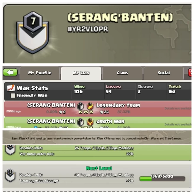 C326◈Name: (SERANG'BANTEN)◈Lvl 7◈Positive War Log : 106 Win. 54 Loss