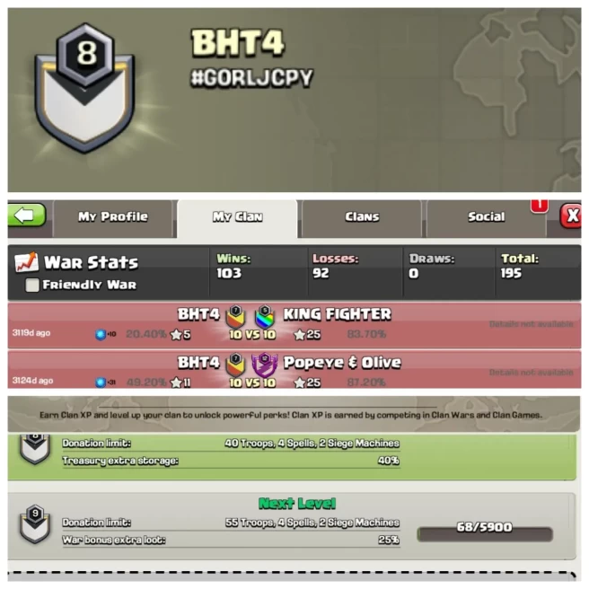 C330▰Good Name: BHT4▰Lvl 8▰Positive War Log: 103 And Loss 92▰Demanding Clan
