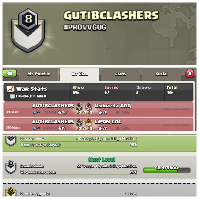 C338▰Name: GUTIBCLASHERS▰Lvl 8▰War Win 96▰Almost Level 9