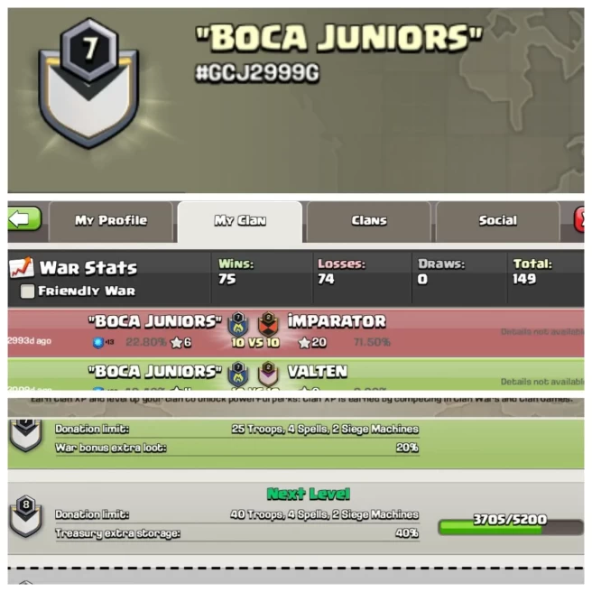 C346▰Name: "BOCA JUNIORS"▰Level 7▰War Win 75 & Loss 74▰Almost Level 8