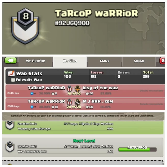 C348◈Name: TaRcoP waRRioR◈Level 8◈War Wins : 103◈Almost Lvl 9
