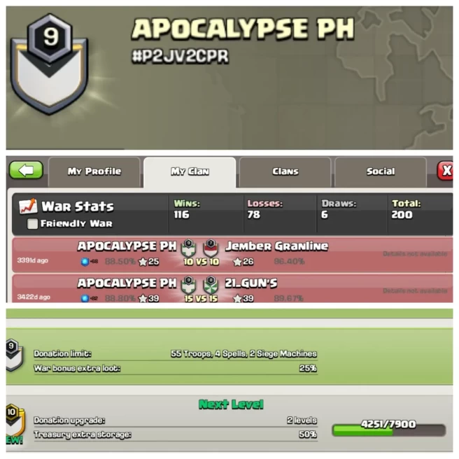 C354◈Name: APOCALYPSE PH◈Level 9◈War Win 116◈War Loss 78◈Almost Level 10