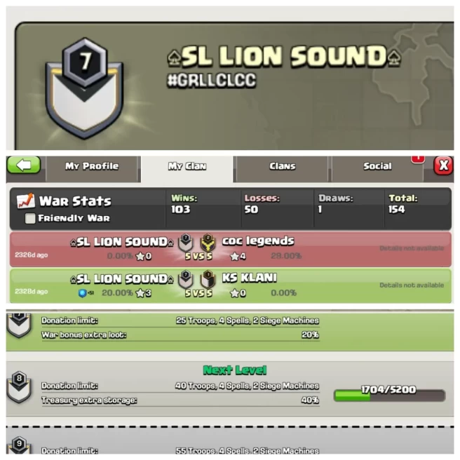 C358▰Name: SL LION SOUND▰Level 7▰Positive War Log: 103 Win & 50 Loss▰Good Clan
