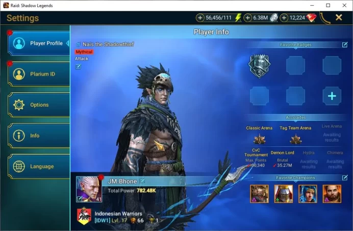 Lv41 782K Power|12K Gems|1 Mythical(Nais)|23 Legendary (Ninja,Deathknight,Krisk,Wukong,Rathalos,Etc)|56K Energy|Plarium(RSL1271)