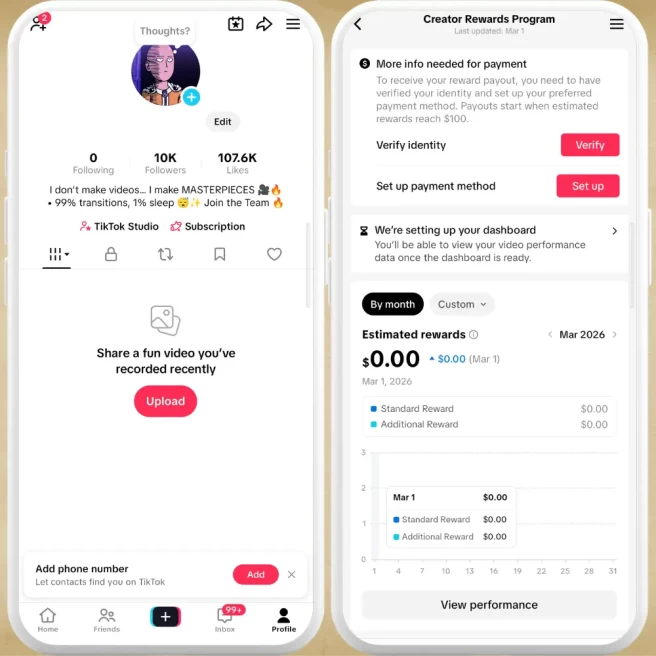 [UK] Fully Monetized Creator Rewards Program Account – 10K Real Followers & 107K Likes | Instant Earnings, Full Access & Good Standing