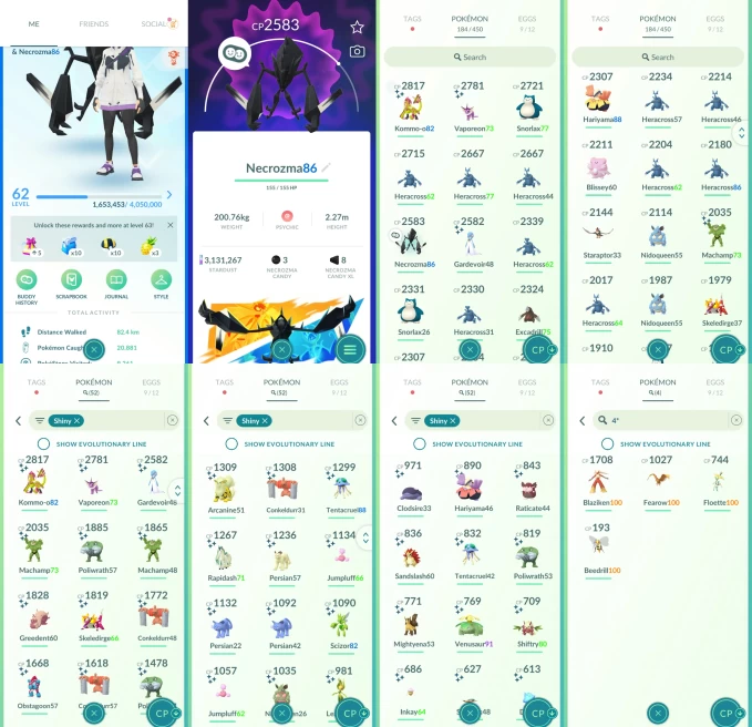 ACm1298 -lv 62 Mystic | x22 2000CP | x1 Legendary | x52 shiny | x4 100IV | Necrozma | Shiny Kommo-o Vaporeon Conkeldurr Skeledirge Venusaur Ditt