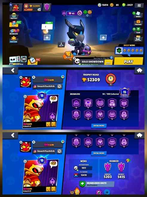 BS 52.3k TROPHY, 94/100 UNLOCKED,14 HYPERCHARGED, 10 MAXED,185 OP SKINS [9 MYTHIC+4 LEGENDARY+3 HC] ,528 PINS,304 ICON,142 SPRAYS, NEGATIVE GEMS
