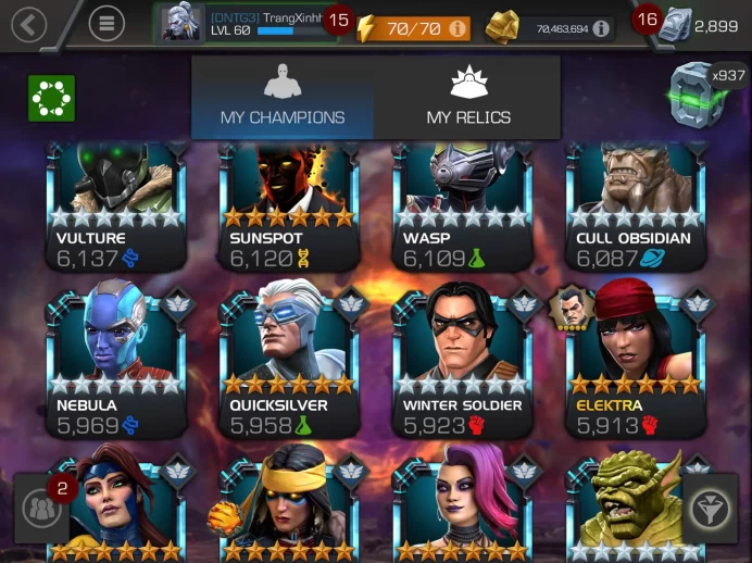 **SALE OFF 350$ to 250$ ** -MCOC351 | Lv 60 - Rank Valiant - RACTING 2M3 - ACTIVE BOOSTS 1-9 - 620 Heros - 81 Champ 7* - 115 6*