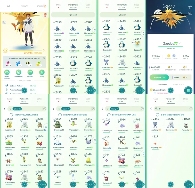 ACm1302 -lv 62 Instinct | x49 2000CP | x51 shiny | x4 100IV | Zapdos | Shiny Venusaur Charizard Skeledirge Arcanine Winter Darmanitan Gardevoir