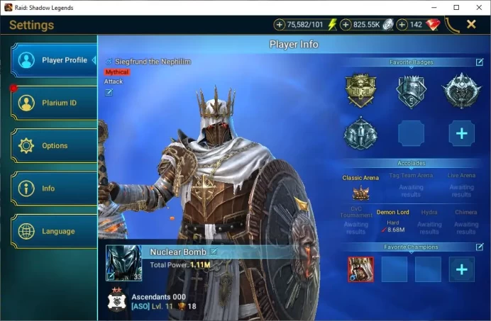 Lv33 1,1M Power|1 Mythical(Siegfrund)|24 Legendary (Ninja,Alice,Wukong,Xenomorph,Rathalos,Ezio,Etc)|75K Energy|Plarium|(RSL1274)