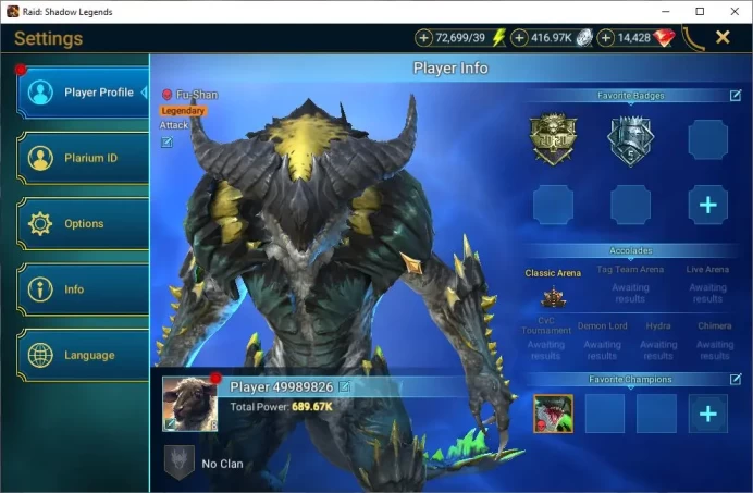 Lv8 689K Power|14,4K Gems|1 Mythical (Galathir)|28 Legendary (Ninja,Alice,Rathalos,MaShalled,Etc)|72K Energy|Plarium|(RSL1281)