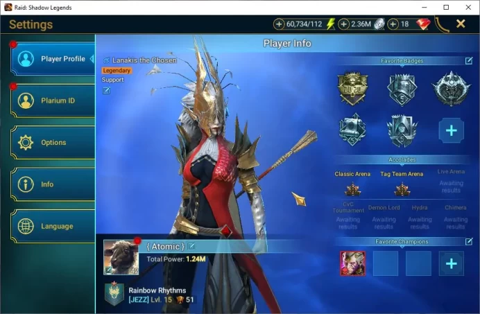 Lv42 1,2M Power|1 Mythical (Galathir)|22 Legendary(Ninja,Alice,Rathalos,Xenomorph,Lyssandra,Etc)|60K Energy|Plarium|(RSL1282)
