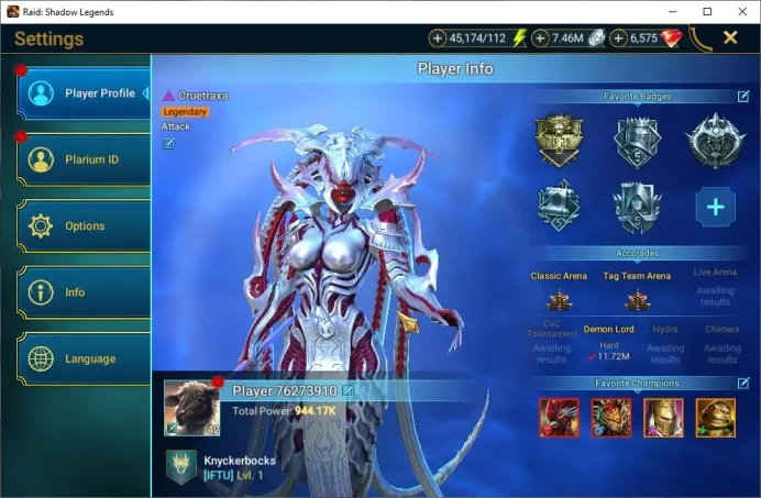 Lv42 944K Power|6,5K Gems|2 Mythical(Galleus,Lazarius)|23 Legend(Ninja,Alice,Rathalos,Xenomorph,Etc)|45K Energy|Plarium|RSL1284