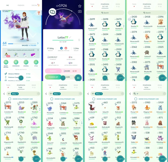 ACm1311 -lv 64 Mystic | x41 2000CP | x40 shiny | x14 100IV | shadow Latias | shiny Rapidash alolan Heracross Ninetales Meganium Hat Raichu Combu