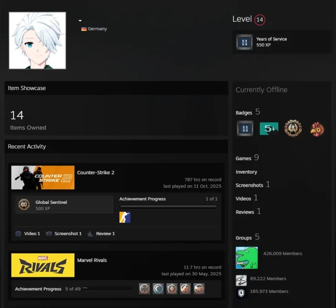 CS2 Prime 787 hours+5Medals(2017 Service Medal/Loyalty Badge/10Y/5Y/Global Offensive Badge)