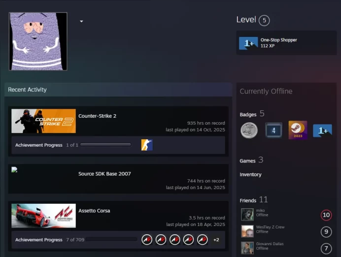 CS2 Prime 935 hours+4Medals(2023 Service Medal/10 Year Birthday Coin/Premier Season One Medal/Global Offensive Badge)
