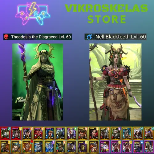 2 Mythical - Theodosia and Nell / Tholin, Belz, Tuskkor, Opardin, Ninja + 14 Login Legendaries / Geomancer, Fenax