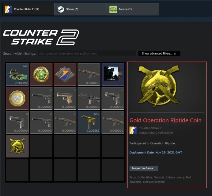 CS2 Prime 1026 hours+4Medals(Gold Operation Riptide Coin/Premier Season One Medal/2025 Service Medal/Global Offensive Badge)