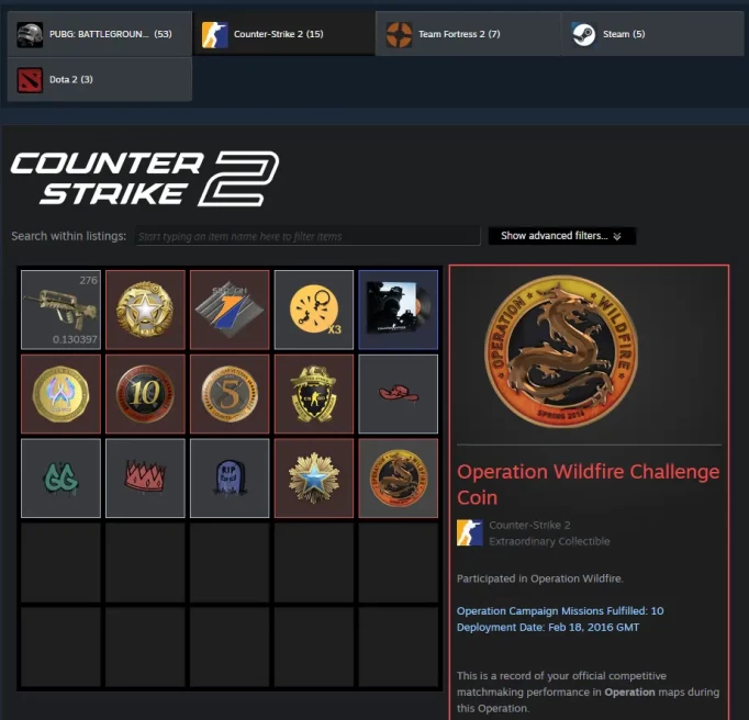35Game-CS2 Prime 1330 hours+8Medals(Operation Wildfire Challenge Coin/16-25 Service Medal/10Y/5Y/Premier Season One Medal/Loyalty Badge/Off Badg