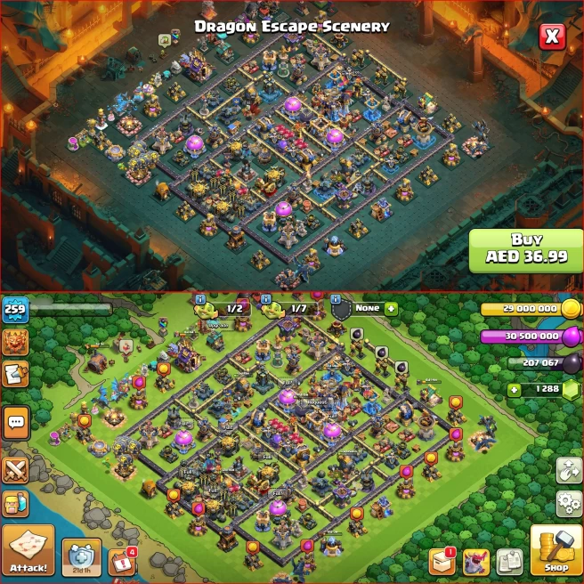 Th18, Xp 259 [ Full Rare Epic ] Heroes: BK105_AQ105_MP95_GW80_RC55 ] 4130 WAR STAT, ATB 5840, 11k LT, 200 Wall Max, Full Defenses, android iOS