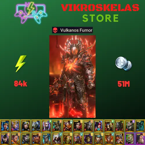 Starter acc with Vulkanos : 84k energy / 51 mln coins / Hurndig, Tatsu, Nari, Arix, Ninja + 20 Login Legendaries / Fahrakin