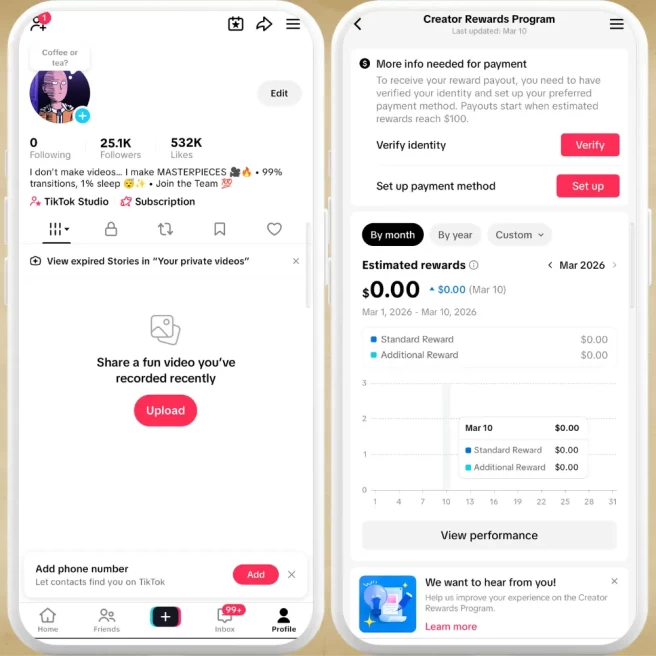 [UK] Fully Monetized Creator Rewards Program Account – 25K Real Followers & 532K Likes | Instant Earnings, Full Access & Good Standing