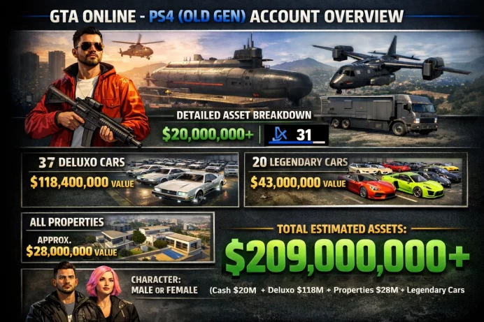 PS4 GTA Online Account – 200M+ Assets – 20M+ Cash – Level 31 – 37 Deluxo – 20 Legendary Cars – All Properties Unlocked –