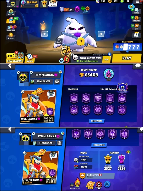 SEXXY BS 65.4k TROPHY, 99/100 UNLOCKED,57 HYPERCHARGED,2 MAXED,353 OP SKINS [16 MYTHIC+12 LEGENDARY+6 HYPERCHARGED],916 PINS,443 ICON,220 SPRAY