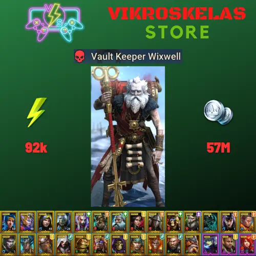 Starter acc with Wixwell : 92k energy / 57 mln coins / Roric, War Mother, Arix, Ninja + 20 Login Legendaries / Madame Serris