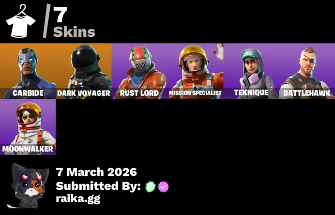7 skins | Take The L | Carbide | Dark Voyager | Rust Lord | Mission Specialist | Teknique | Battlehawk | Moonwalker | Rust Bucket | Dark Matter
