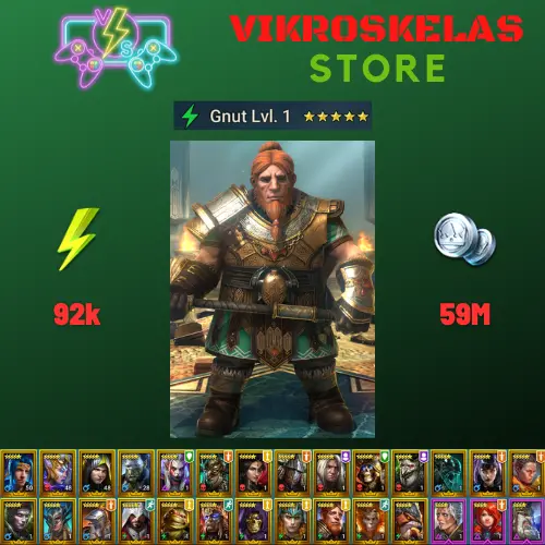 Starter acc with Gnut : 92k energy / 59 mln coins / Alsgor, Cillian, Arix, Ninja + 20 Login Legendaries / Geomancer 2x, Aniri