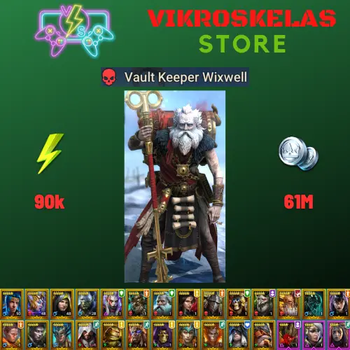 Starter acc with Wixwell : 90k energy / 61 mln coins / Bivald, Elder Skarg, Arix, Ninja + 20 Login Legendaries / Romero + Juliana