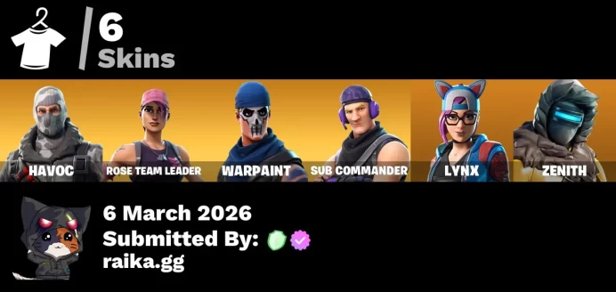 6 skins | Tidy | Havoc | Ride The Pony | Sub Commander | Lynx | Zenith | Altitude | Skirmish | Pursuit | Backup Plan | Perfect Present