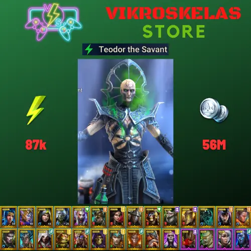 Starter acc with Teodor : 87k energy / 56 mln coins / Helior, Arix, Ninja + 20 Login Legendaries / Doompriest, Thorn