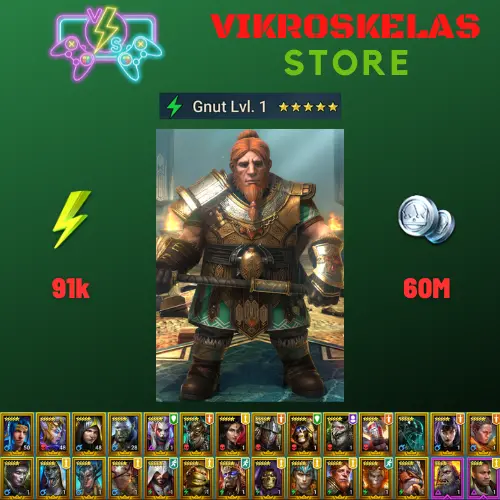 Starter acc with Gnut : 91k energy / 60 mln coins / Errol, Elegaius, War Mother, Arix, Ninja + 20 Login Legendaries / Pain Keeper 3x