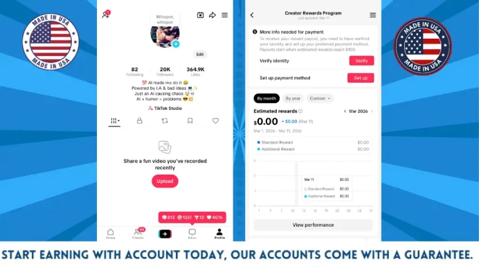 100% Monetized USA Account Creator Rewards Program Active | 20k Real Followers & 364k Likes | Real Screenshots + Full Access + Good Standing