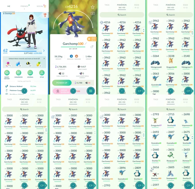 AC1334 -lv 62 Mystic | x58 3000CP | x156 2000CP | x15 Legendary | x2 SHUNDO | x48 shiny | x70 100IV | x54 100IV Garchomp (3000 - 4216CP) | Greni