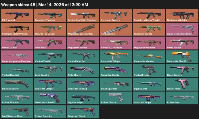 EU / 45 skins / Magepunk Sparkswitch / reaver vandal / prime vandal /  Prelude to Chaos Vandal / EX.O Vandal / Champions 2023 Vandal / 