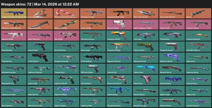 EU / 72 skins / Xenohunter Knife /  RGX 11z Pro Blade / Araxys Vandal / Gaia's Vengeance Vandal / Forsaken Vandal / Champions 2023 Vandal / 