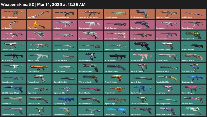 EU / 80 skins / Singularity Phantom / Ion Karambit / Prime Vandal / Ion Vandal / Reaver Vandal / Sentinels of Light Vandal