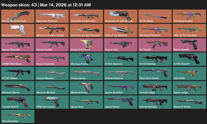 EU / 43 skins / Reaver Butterfly Knife / Sentinels of Light Vandal / Reaver Vandal / Oni Vandal / Glitchpop Vandal / Spectrum Phantom /