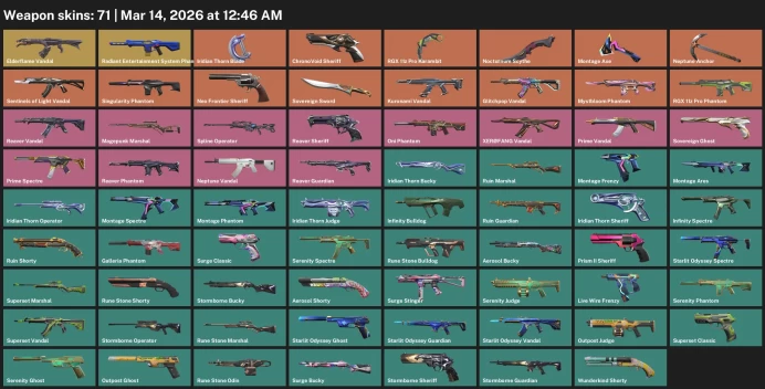 EU / 71 skins / RGX 11z Pro Karambit / Nocturnum Scythe / Kuronami Vandal / Reaver Vandal / Prime Vandal / Prime Vandal /