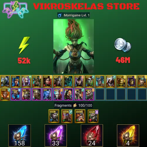 Starter with Morrigaine + Shards : 158 Ancient, 33 Void, 24 Primal, 4 Sacred | Ninja + 17 Login Legendary | Mine max