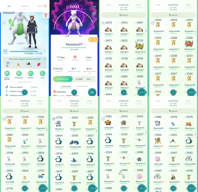 AC1338 -lv 61 Mystic | x29 3000CP | x133 2000CP | x34 Legendary | x45 shiny | x33 100IV | x5 Mewtwo (x1 shiny) 100IV Raikou | 3000CP+ x15 Dragon